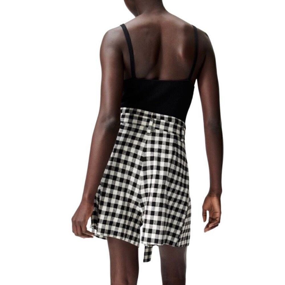 Zara Black & White Check Linen Blend‎ Paper Bag Tie Waist Shorts Medium NWT - Picture 10 of 10